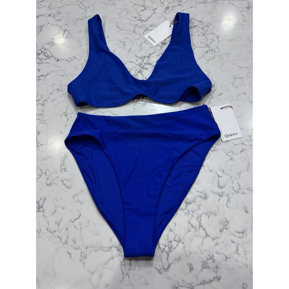 NWT Quince Electric Blue Italian Plunge Bikini Top & High Rise High Leg Bottom